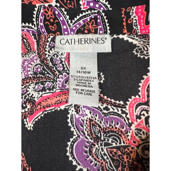 Catherines 0X 14/16 W Paisley Button Front Blouse Black Pink Purple 3/4 Sleeve - Picture 4 of 8